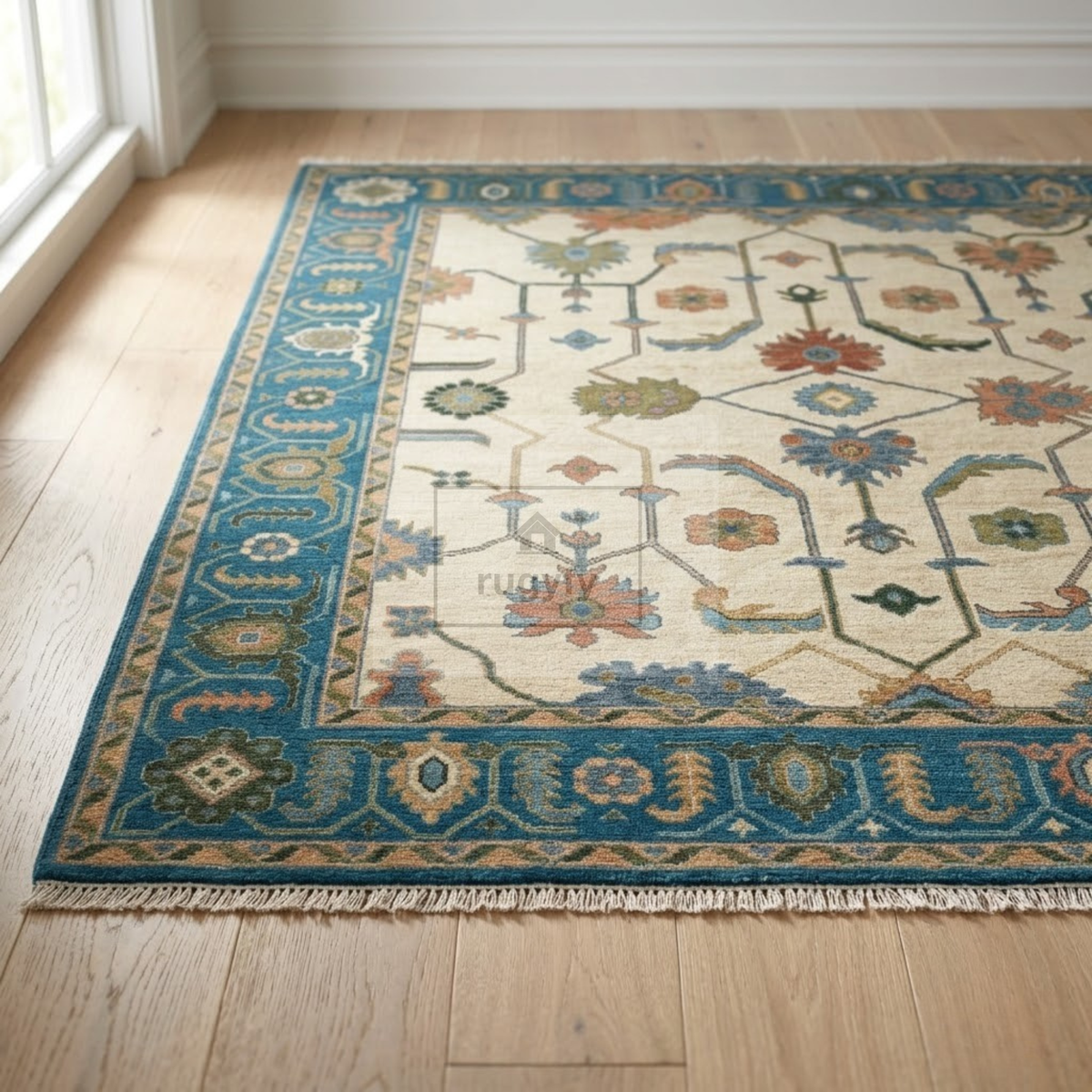 Ivory & Teal Blue Sultanabad Oushak Rug | Hand-Knotted Wool 8x10 9x12 | Cream Palmette Area Rug