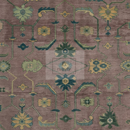 Dusty Mauve & Teal Green Sultanabad Oushak Rug | Hand-Knotted Wool 8x10 9x12 | Plum Rose Dining Room Rug