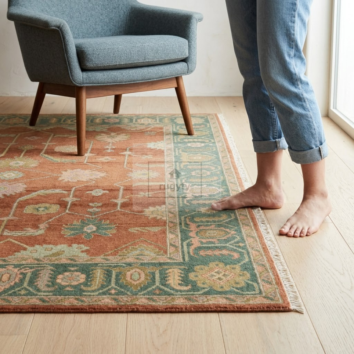 Rust Terracotta & Sage Green Sultanabad Oushak Rug | Hand-Knotted Wool 8x10 9x12 | Earthy Palmette Rug