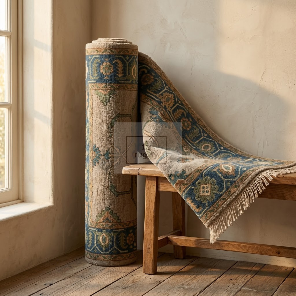 Taupe & Teal Blue Sultanabad Oushak Rug | Hand-Knotted Wool 8x10 9x12 | Sand Beige Square & Area Rug