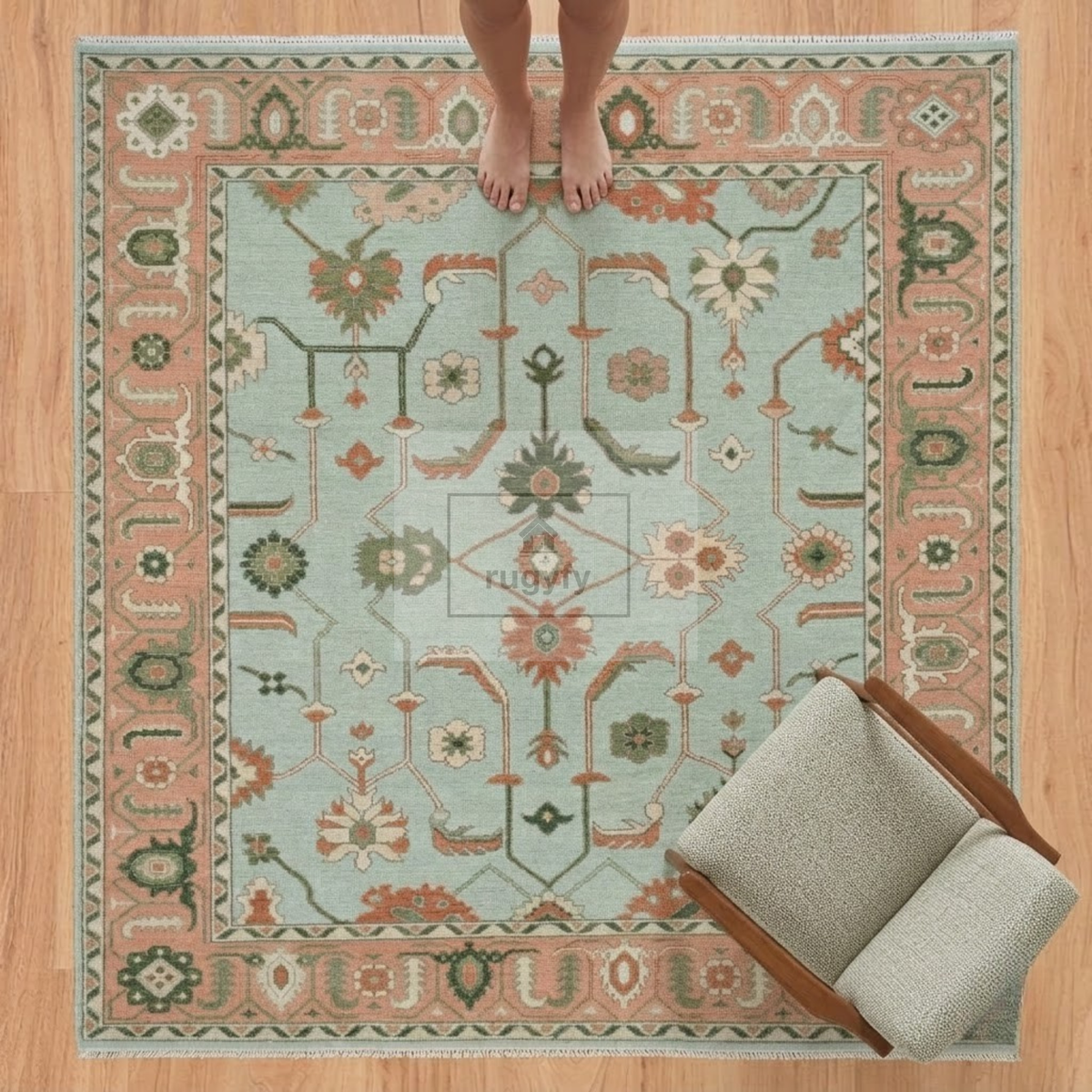 Seafoam Aqua & Coral Sultanabad Oushak Rug | Hand-Knotted Wool 8x10 9x12 | Mint & Peach Palmette Rug