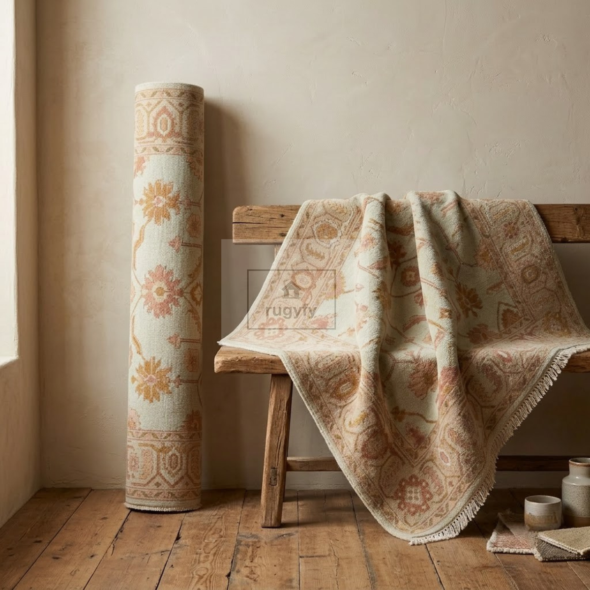 Ivory & Honey Gold Sultanabad Oushak Rug | Hand-Knotted Wool 8x10 9x12 | Apricot Neutral Living Room Rug