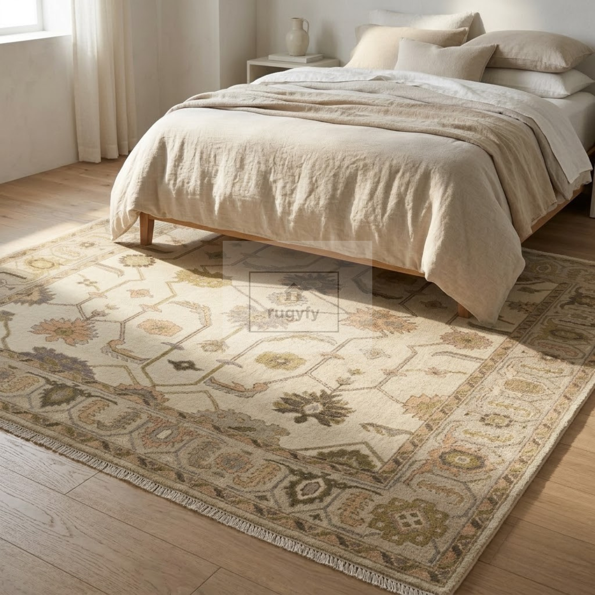 Cream & Soft Taupe Sultanabad Oushak Rug | Hand-Knotted Wool 8x10 9x12 | Muted Neutral Palmette Rug