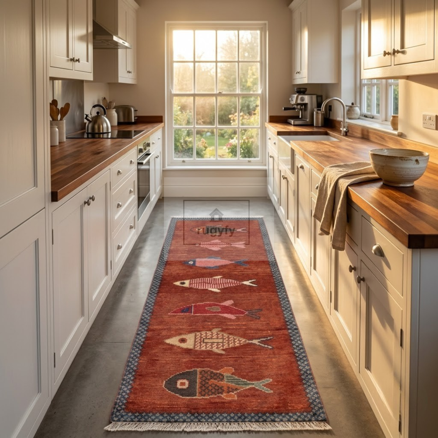 Terracotta Fish Motif Hand-Knotted Wool Rug | 2026's Trending Rust Pictorial Rug for Living Room