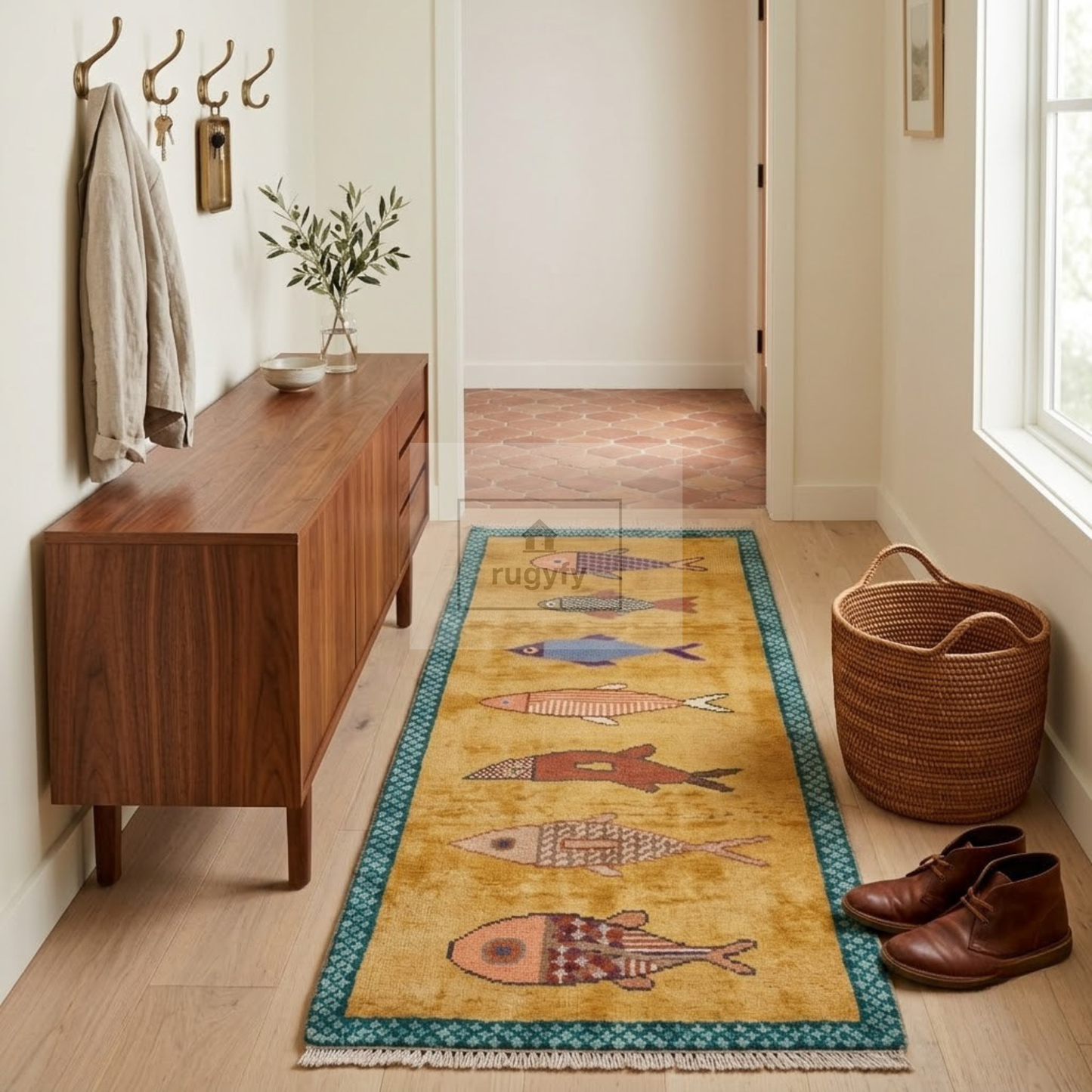 Golden Fish Motif Hand-Knotted Wool Rug | Whimsical Pictorial Folk Art Area Rug for Living Room