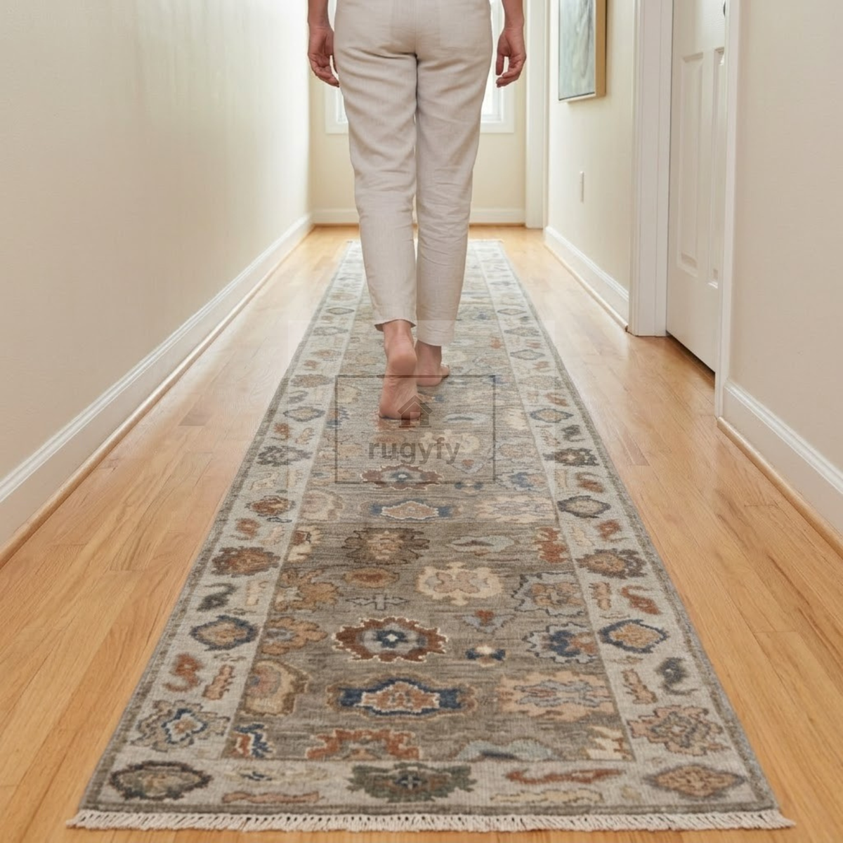 Silver & Ivory Oushak Rug | 2x8 & 2.5x10 ft | Hand-Knotted Wool Floral | Living Room & Bedroom