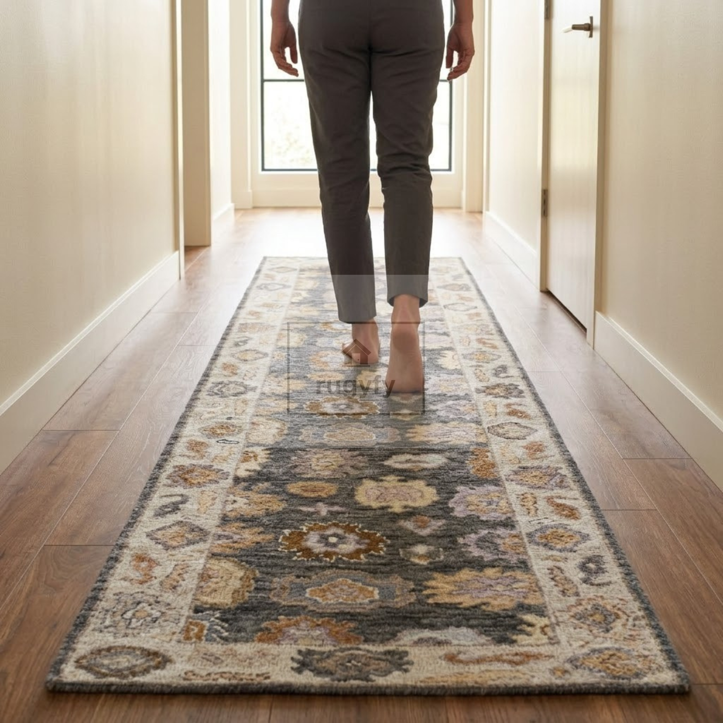 Charcoal & Ivory Oushak Rug | 2.5x12 & 3x14 ft | Hand-Knotted Wool Floral | Living Room & Dining Room