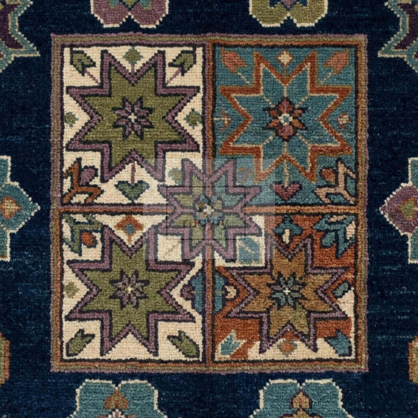 Midnight Navy Oushak Rug | Hand-Knotted Wool Area Rug with Plum, Teal & Antique Gold