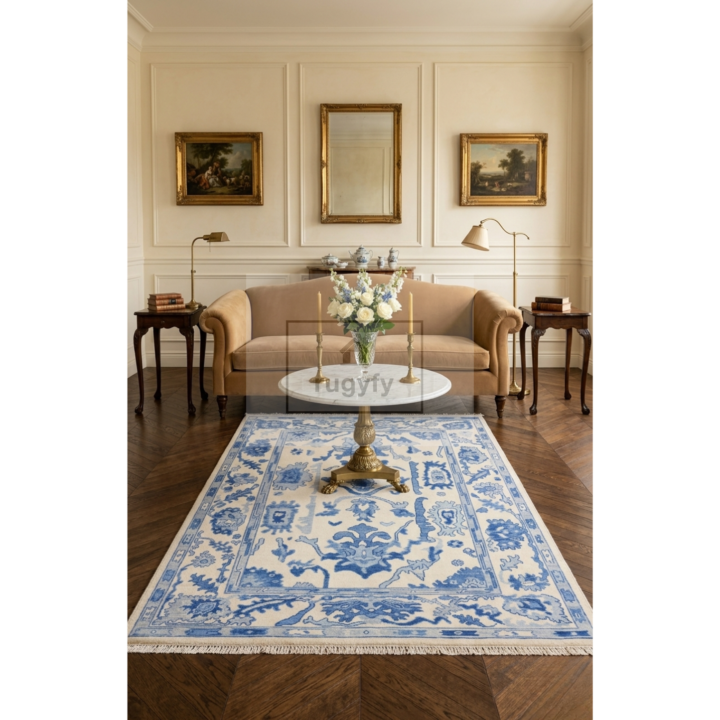 Ivory & Blue Oushak Rug – Hand Knotted Turkish Wool Area Rug for Living Room