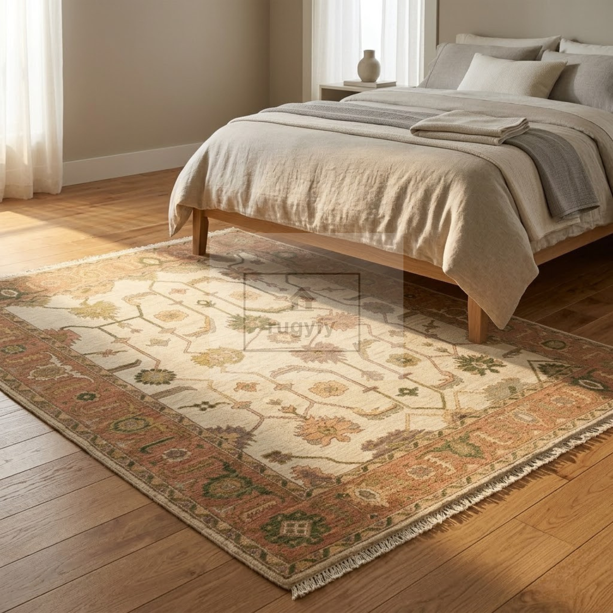 Ivory & Blush Pink Sultanabad Oushak Rug | Hand-Knotted Wool 8x10 9x12 | Olive Green Palmette Area Rug