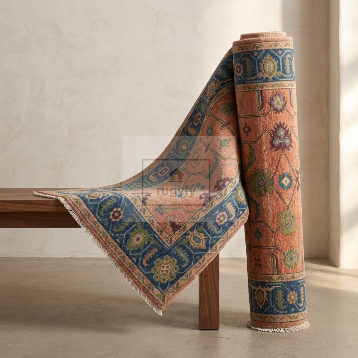 Coral & Navy Blue Sultanabad Oushak Rug | Hand-Knotted Wool 8x10 9x12 | Terracotta Palmette Area Rug