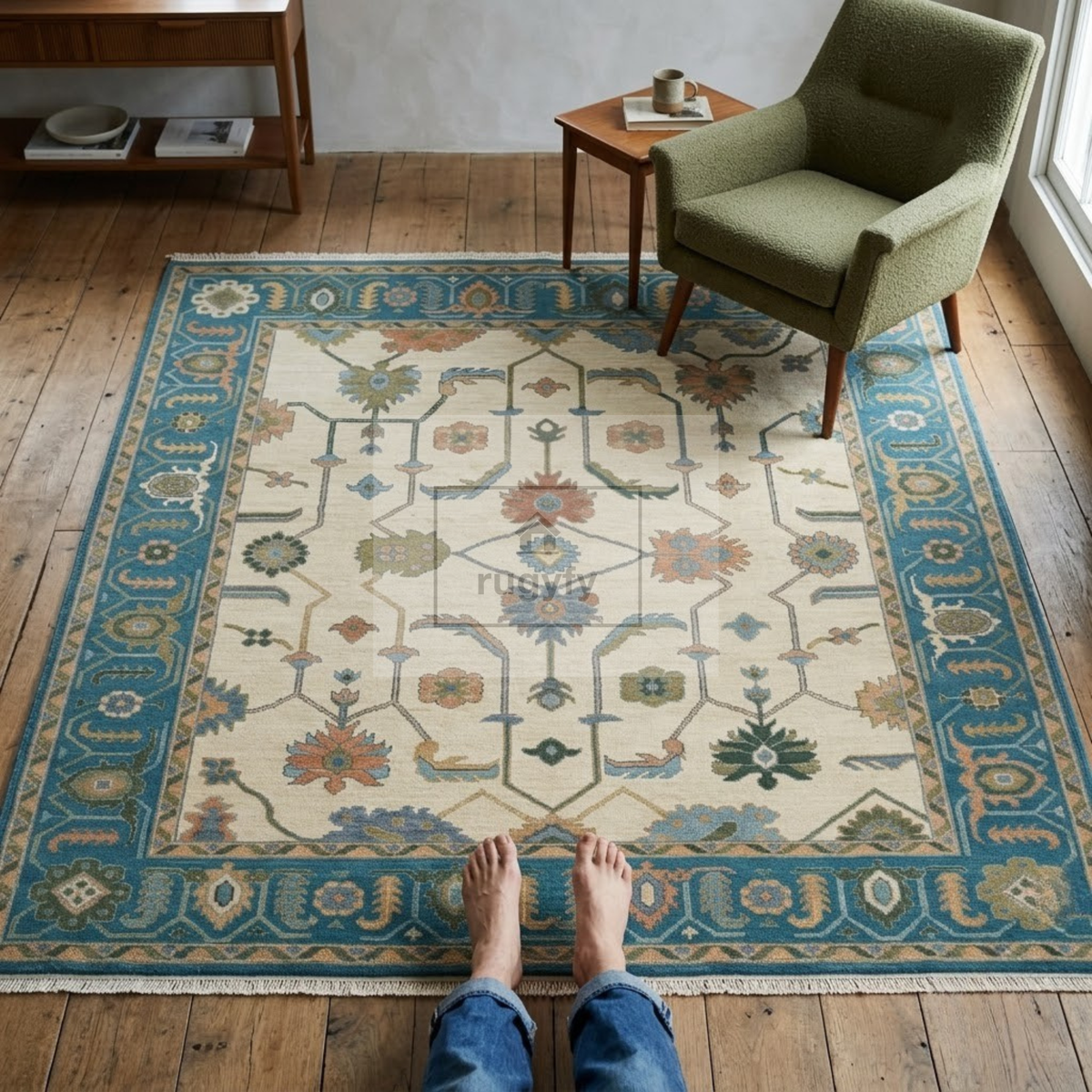 Ivory & Teal Blue Sultanabad Oushak Rug | Hand-Knotted Wool 8x10 9x12 | Cream Palmette Area Rug