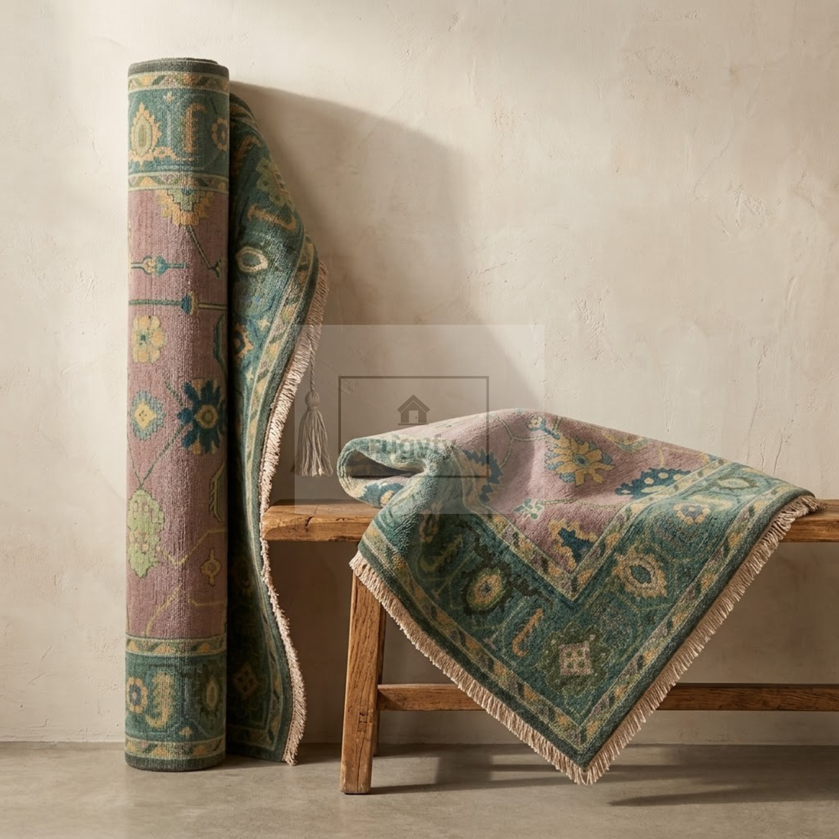 Dusty Mauve & Teal Green Sultanabad Oushak Rug | Hand-Knotted Wool 8x10 9x12 | Plum Rose Dining Room Rug