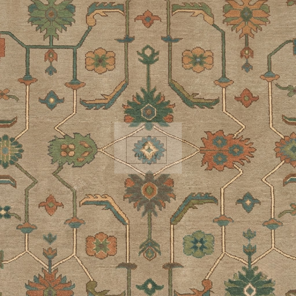 Taupe & Teal Blue Sultanabad Oushak Rug | Hand-Knotted Wool 8x10 9x12 | Sand Beige Square & Area Rug