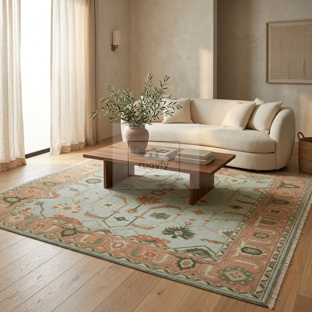 Seafoam Aqua & Coral Sultanabad Oushak Rug | Hand-Knotted Wool 8x10 9x12 | Mint & Peach Palmette Rug