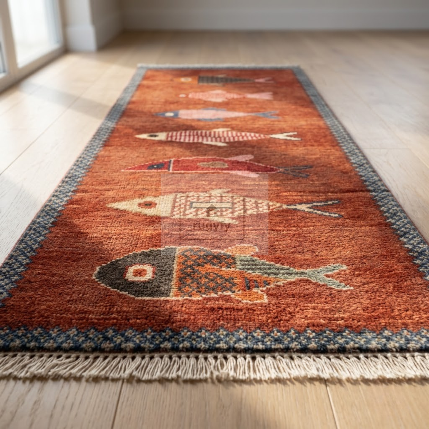 Terracotta Fish Motif Hand-Knotted Wool Rug | 2026's Trending Rust Pictorial Rug for Living Room