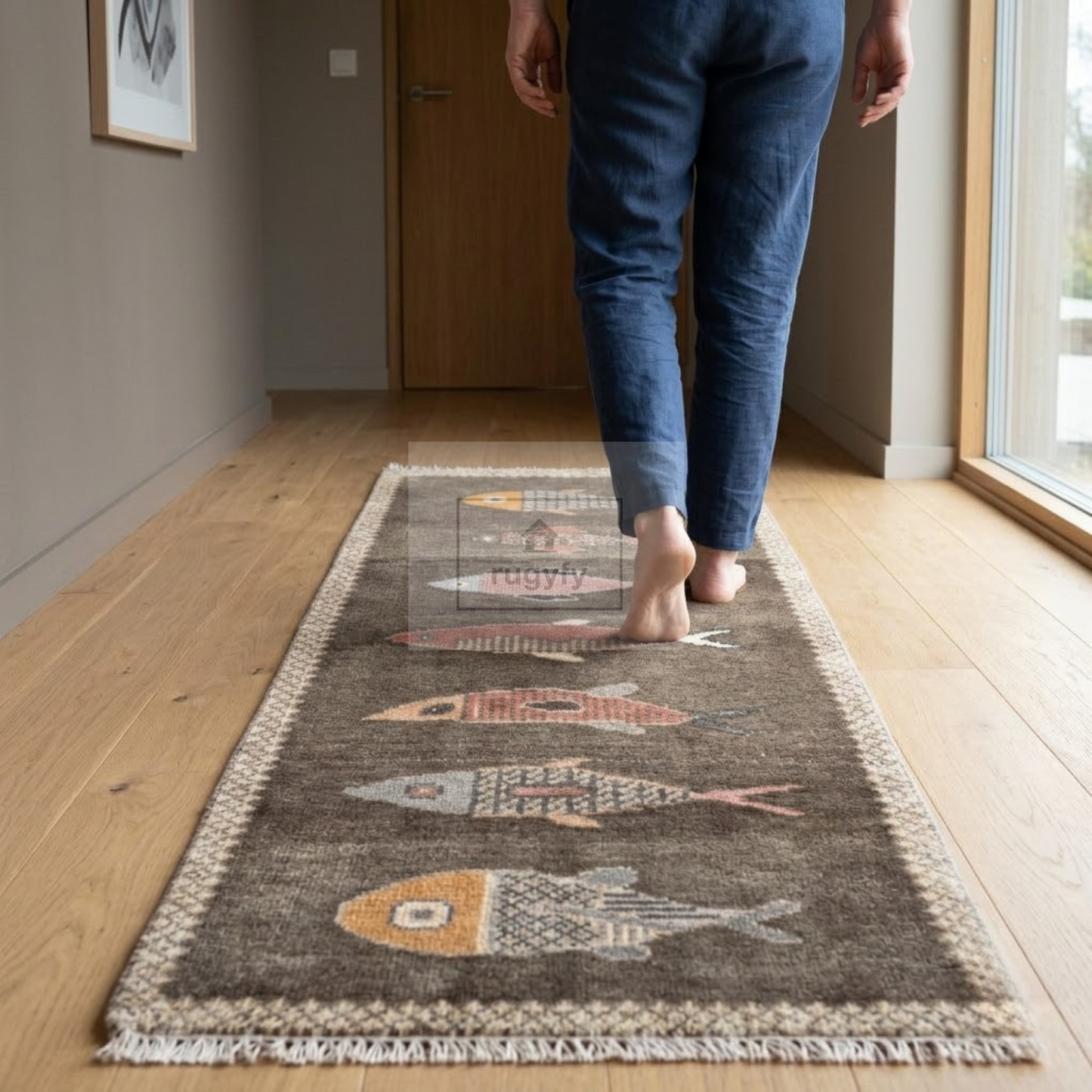 Charcoal Fish Motif Hand-Knotted Wool Rug | Moody Neutral Pictorial Rug for Hallway &amp; Entryway