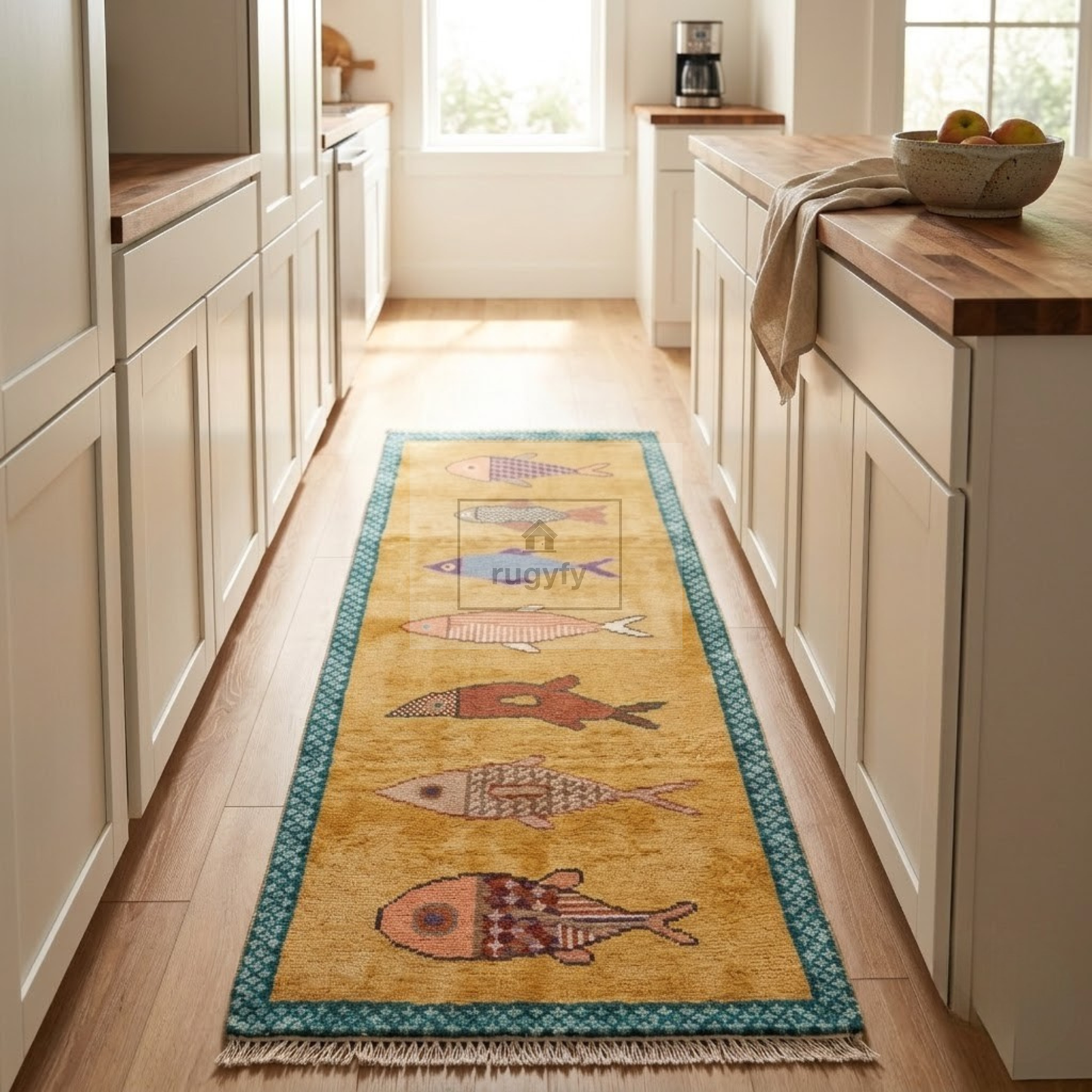 Golden Fish Motif Hand-Knotted Wool Rug | Whimsical Pictorial Folk Art Area Rug for Living Room