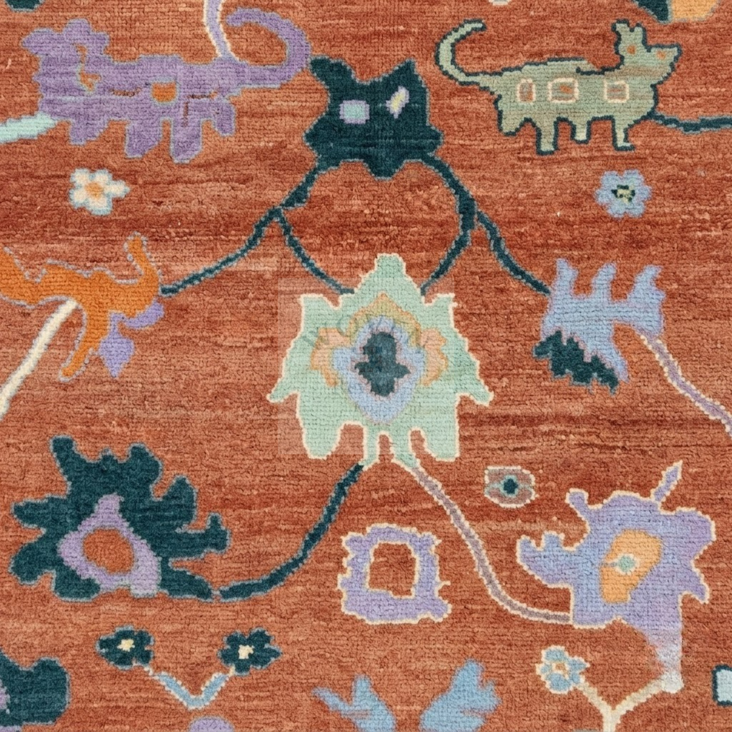 Terracotta Oushak Rug | Hand-Knotted Wool Area Rug with Folk Animal Motifs in Rust, Pine Teal & Lavender