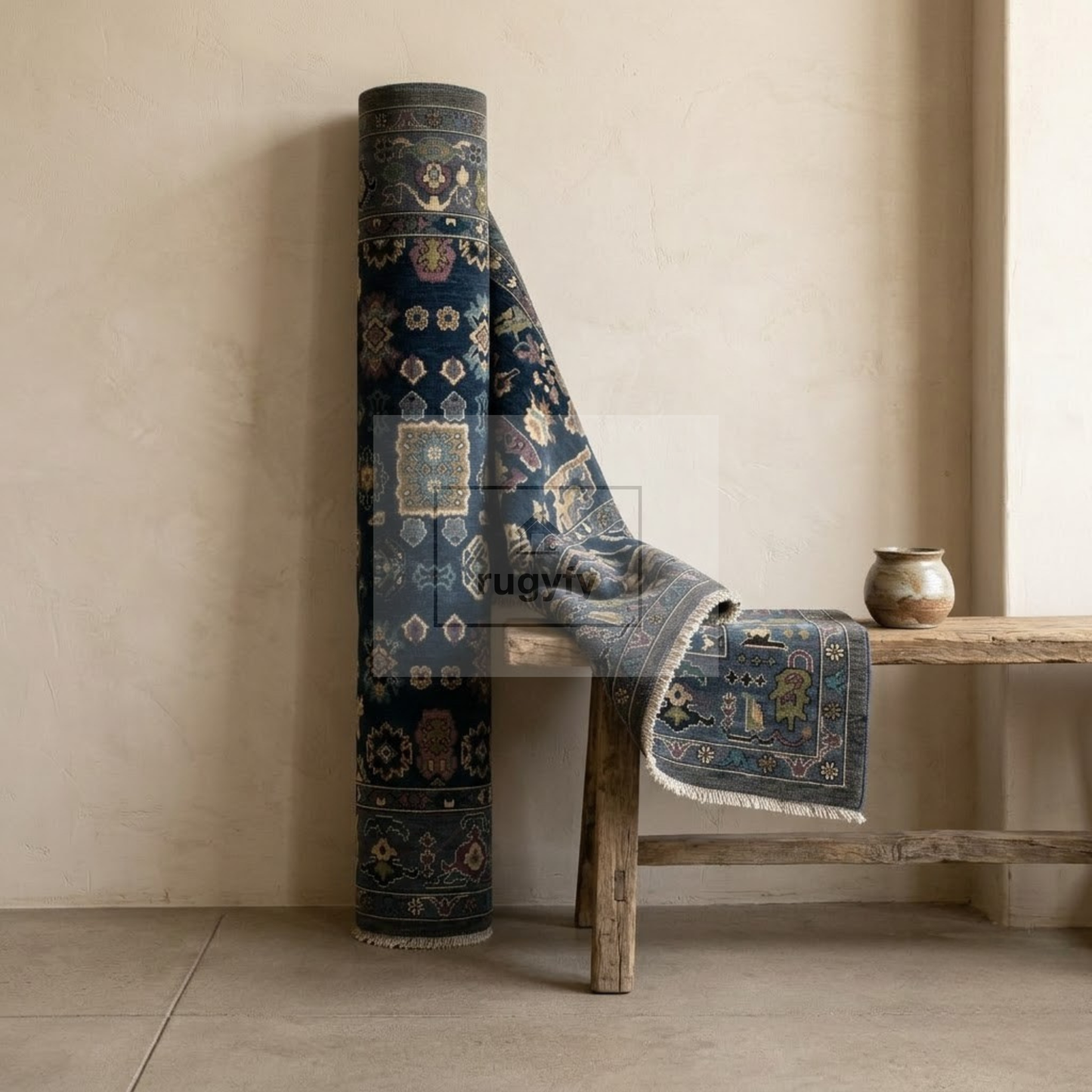 Midnight Navy Oushak Rug | Hand-Knotted Wool Area Rug with Plum, Teal & Antique Gold