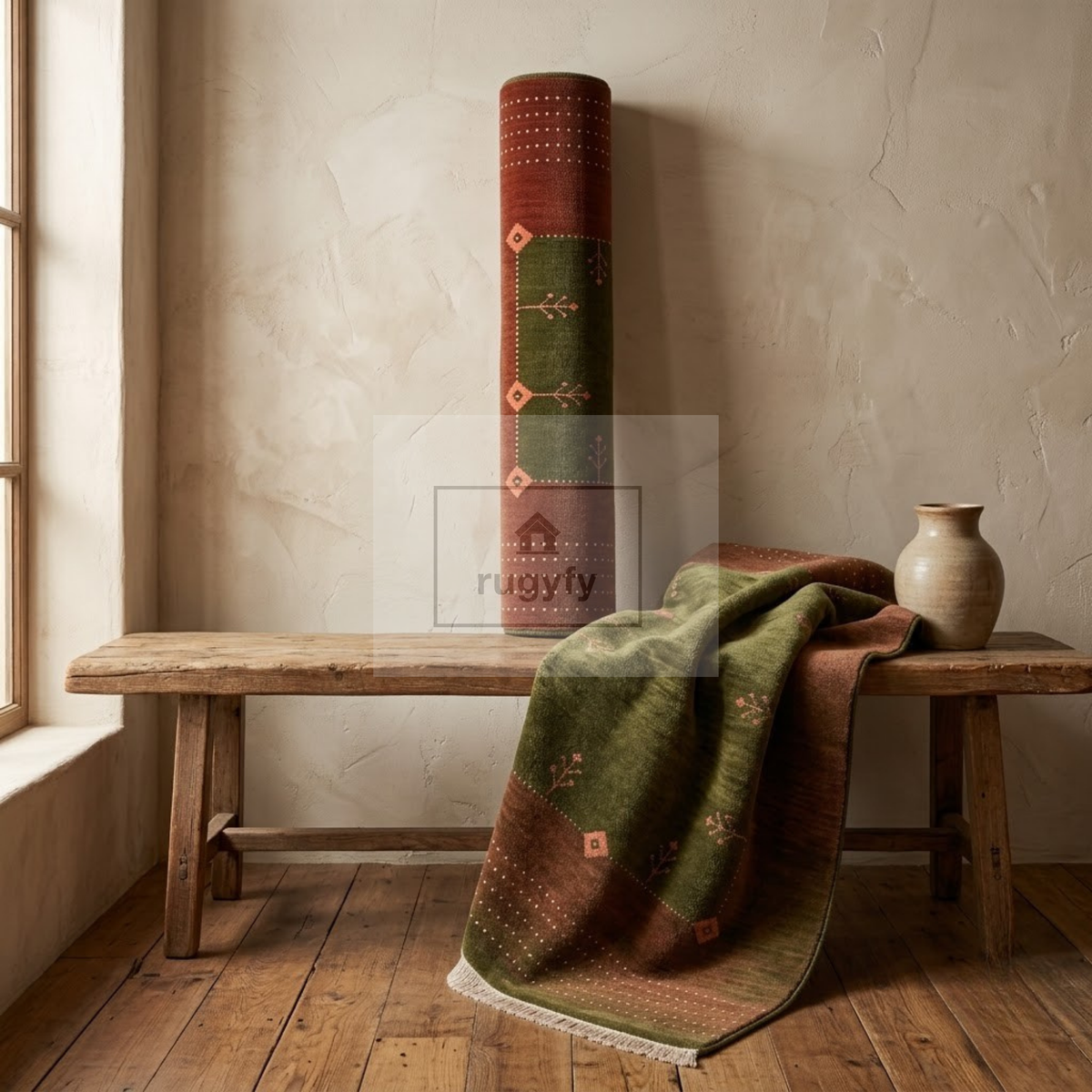 Olive Green & Rust Turkish Oushak Rug | 5x8 8x10 ft Hand-Knotted New Zealand Wool | Living Room Bedroom Rug