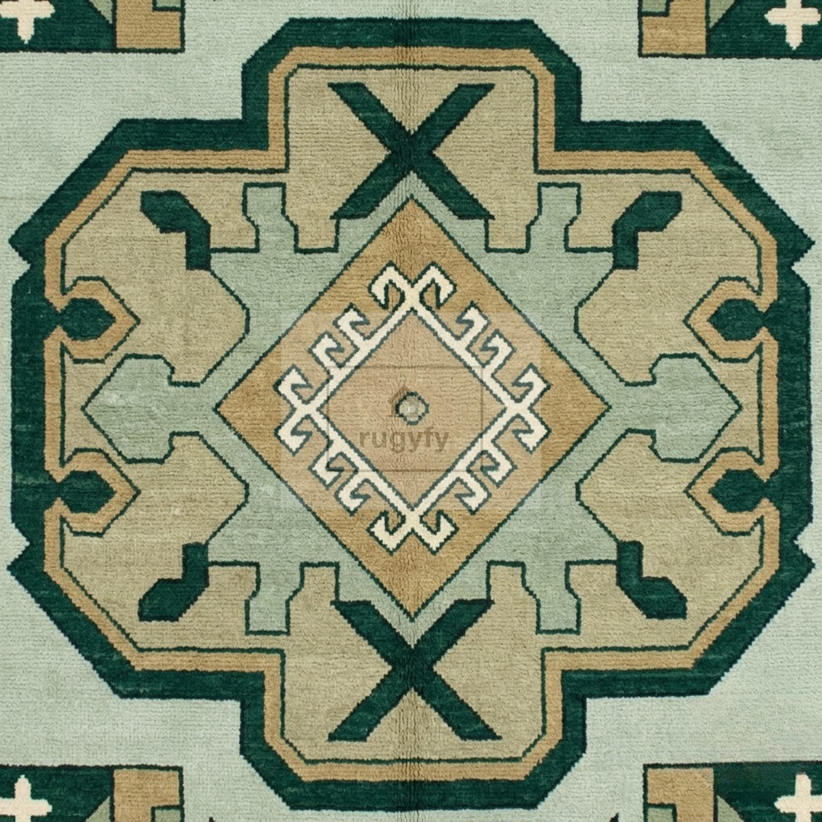 Mint & Forest Green Kazak Rug | Hand-Knotted Geometric Medallion Wool Rug | Farmhouse Dining Room 9x12
