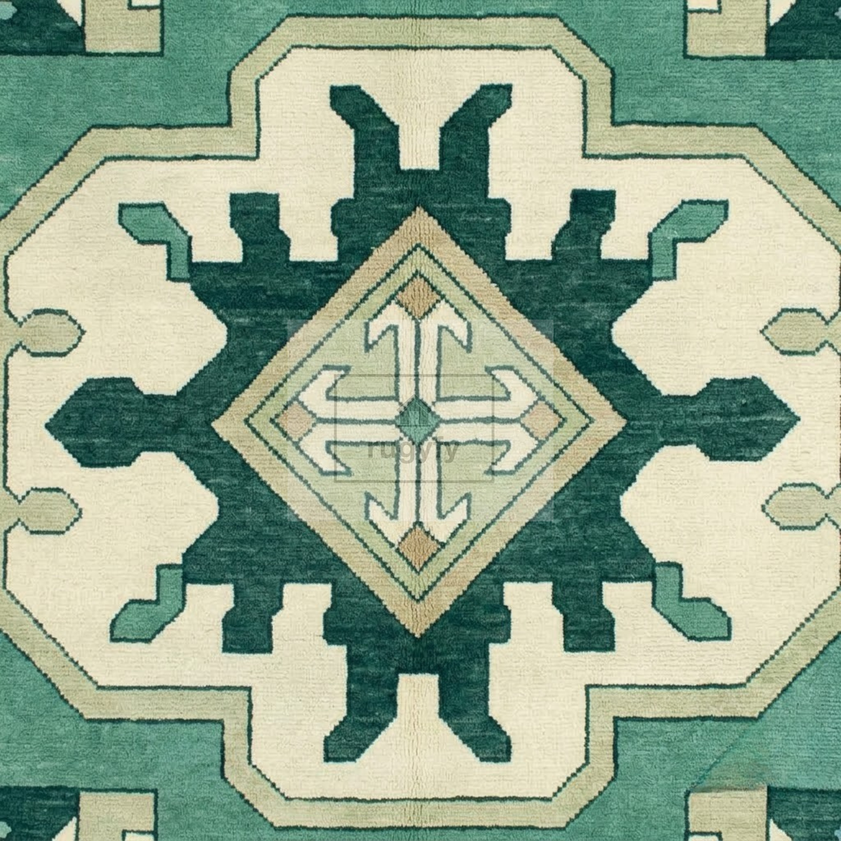 Jade Green & Cream Kazak Rug | Hand-Knotted Tribal Medallion Wool Area Rug | Living Room Entryway 8x10