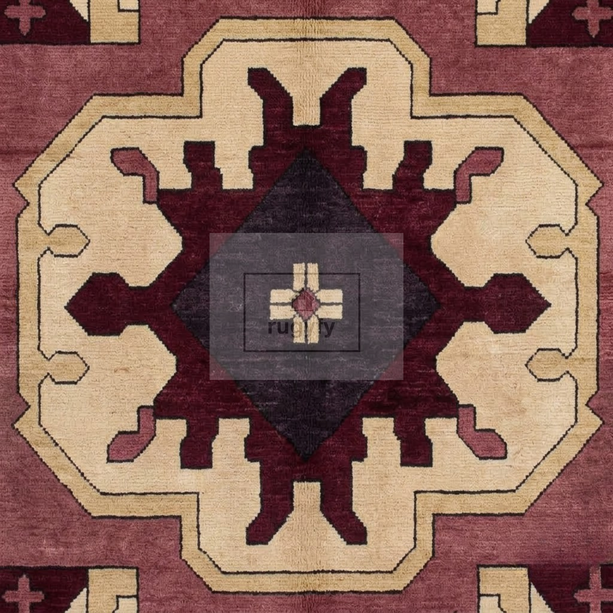 Burgundy & Gold Kazak Rug | Hand-Knotted Caucasian Tribal Geometric Wool Rug | Library Den Living Room 9x12