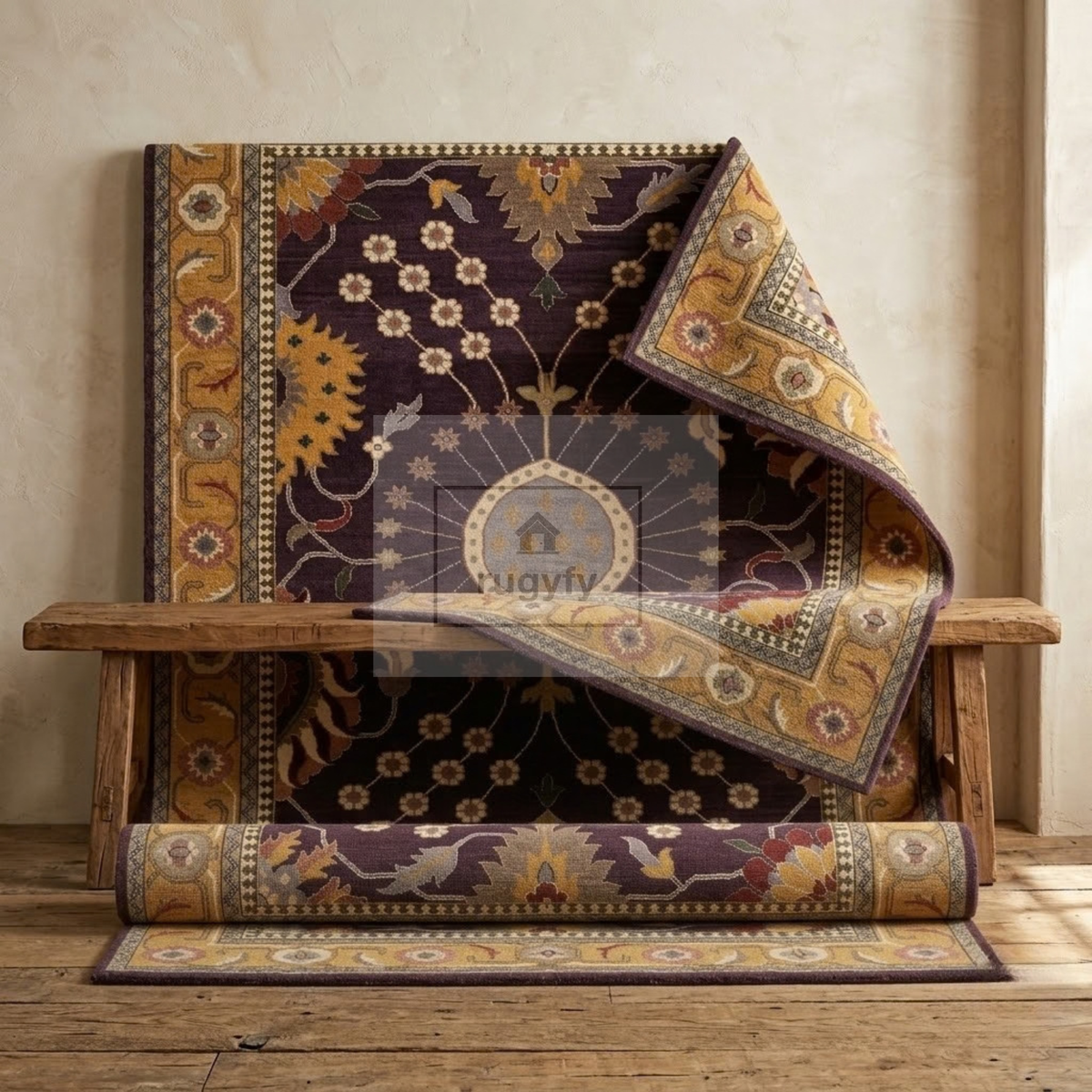 Dark Plum & Gold Turkish Oushak Rug | 5x8 8x10 ft Hand-Knotted New Zealand Wool | Living Room Bedroom Rug