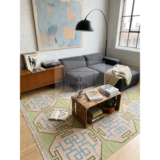 Sage Green & Ivory Turkish Oushak Rug | 5x8 8x10 ft Hand-Knotted Wool | Living Room Bedroom Rug