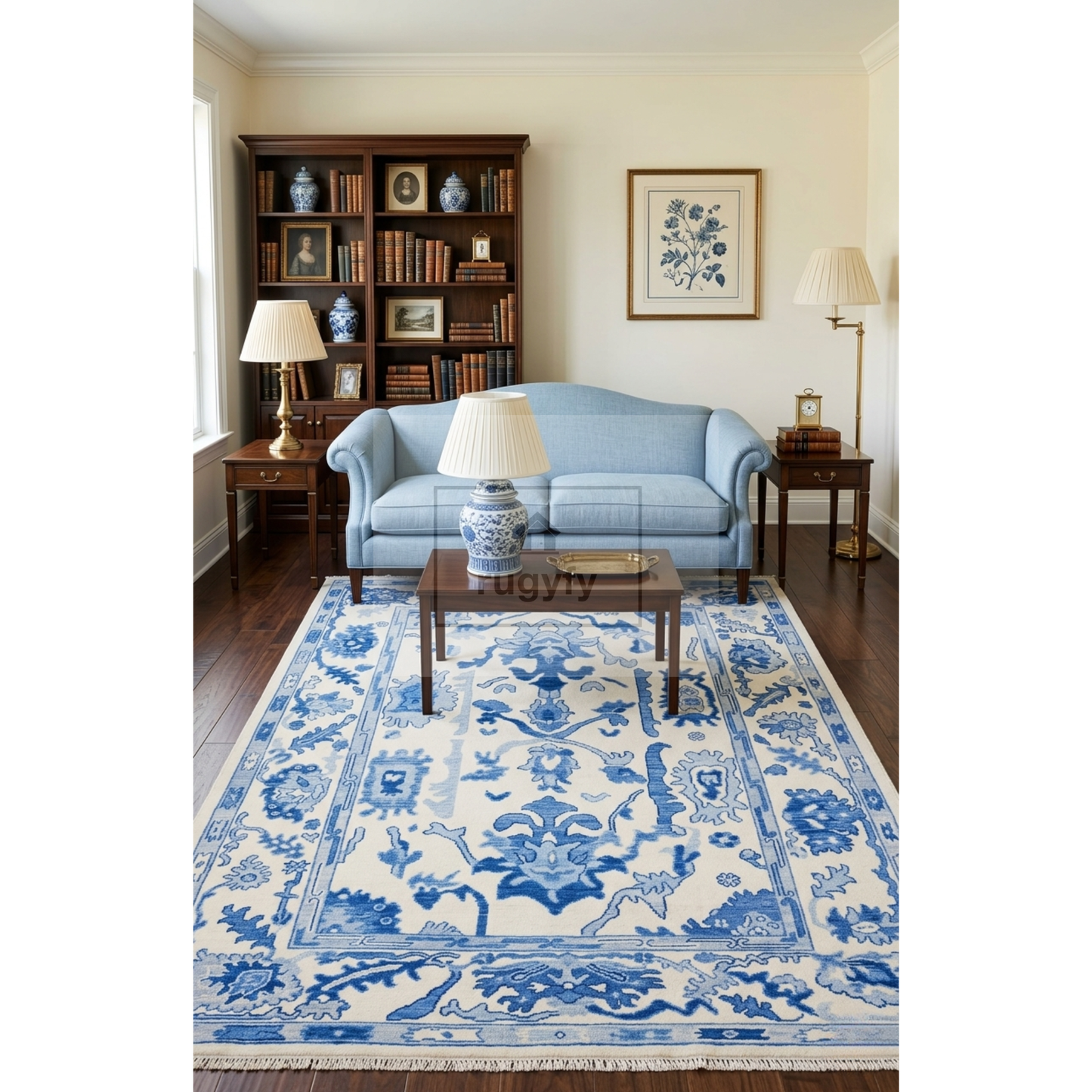 Ivory & Blue Oushak Rug – Hand Knotted Turkish Wool Area Rug for Living Room