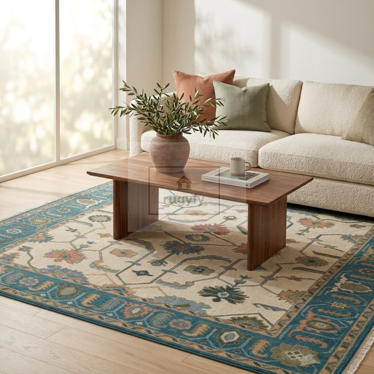 Ivory & Teal Blue Sultanabad Oushak Rug | Hand-Knotted Wool 8x10 9x12 | Cream Palmette Area Rug