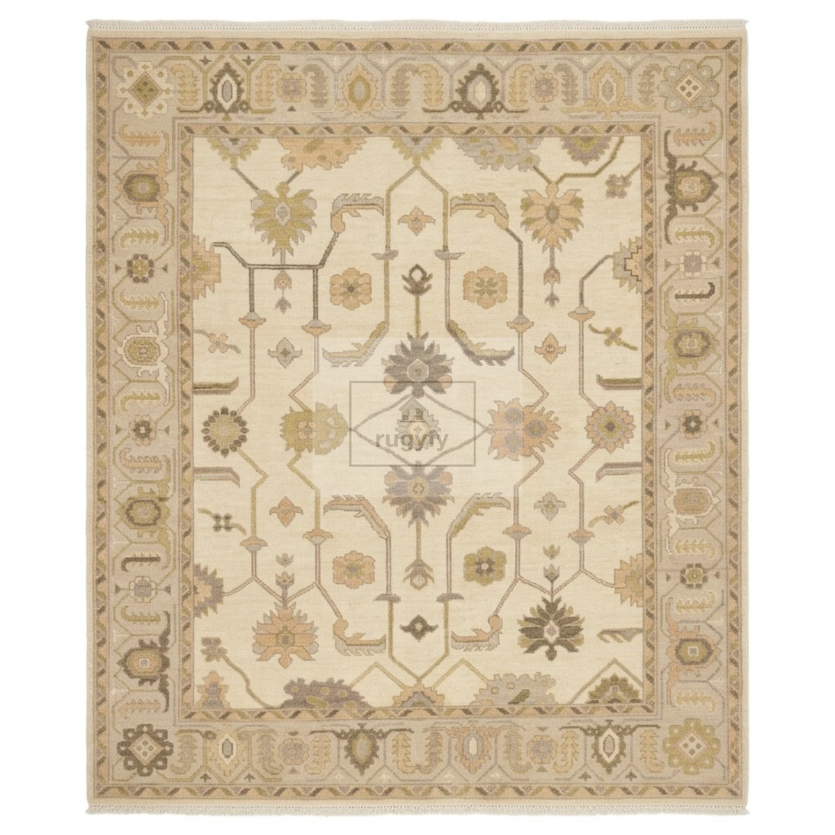 Cream & Soft Taupe Sultanabad Oushak Rug | Hand-Knotted Wool 8x10 9x12 | Muted Neutral Palmette Rug