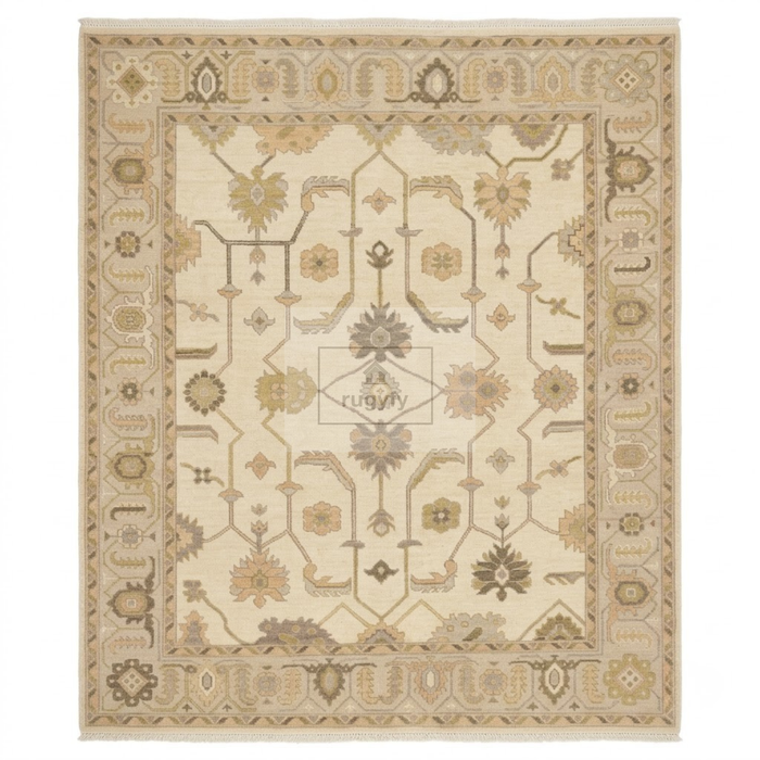 Cream & Soft Taupe Sultanabad Oushak Rug | Hand-Knotted Wool 8x10 9x12 | Muted Neutral Palmette Rug