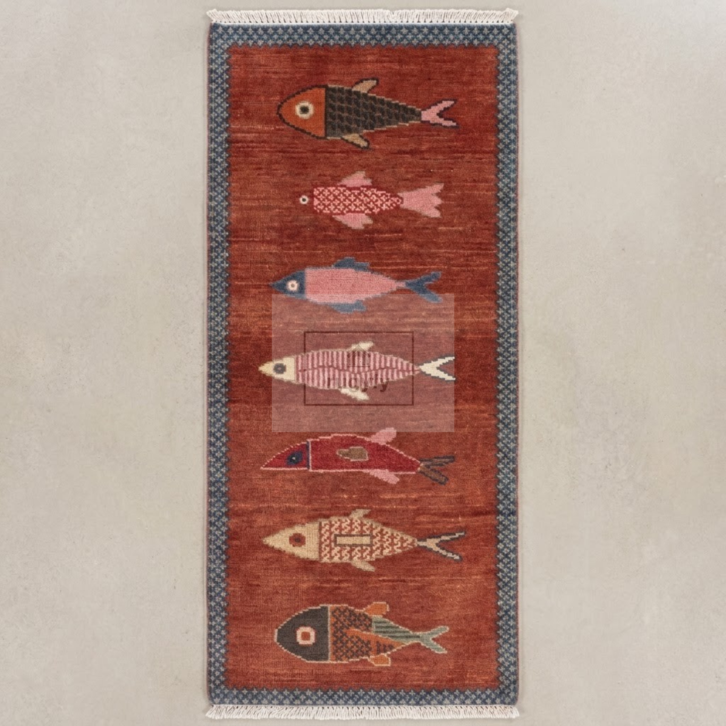 Terracotta Fish Motif Hand-Knotted Wool Rug | 2026's Trending Rust Pictorial Rug for Living Room
