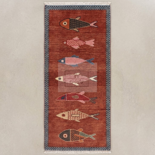 Terracotta Fish Motif Hand-Knotted Wool Rug | 2026's Trending Rust Pictorial Rug for Living Room