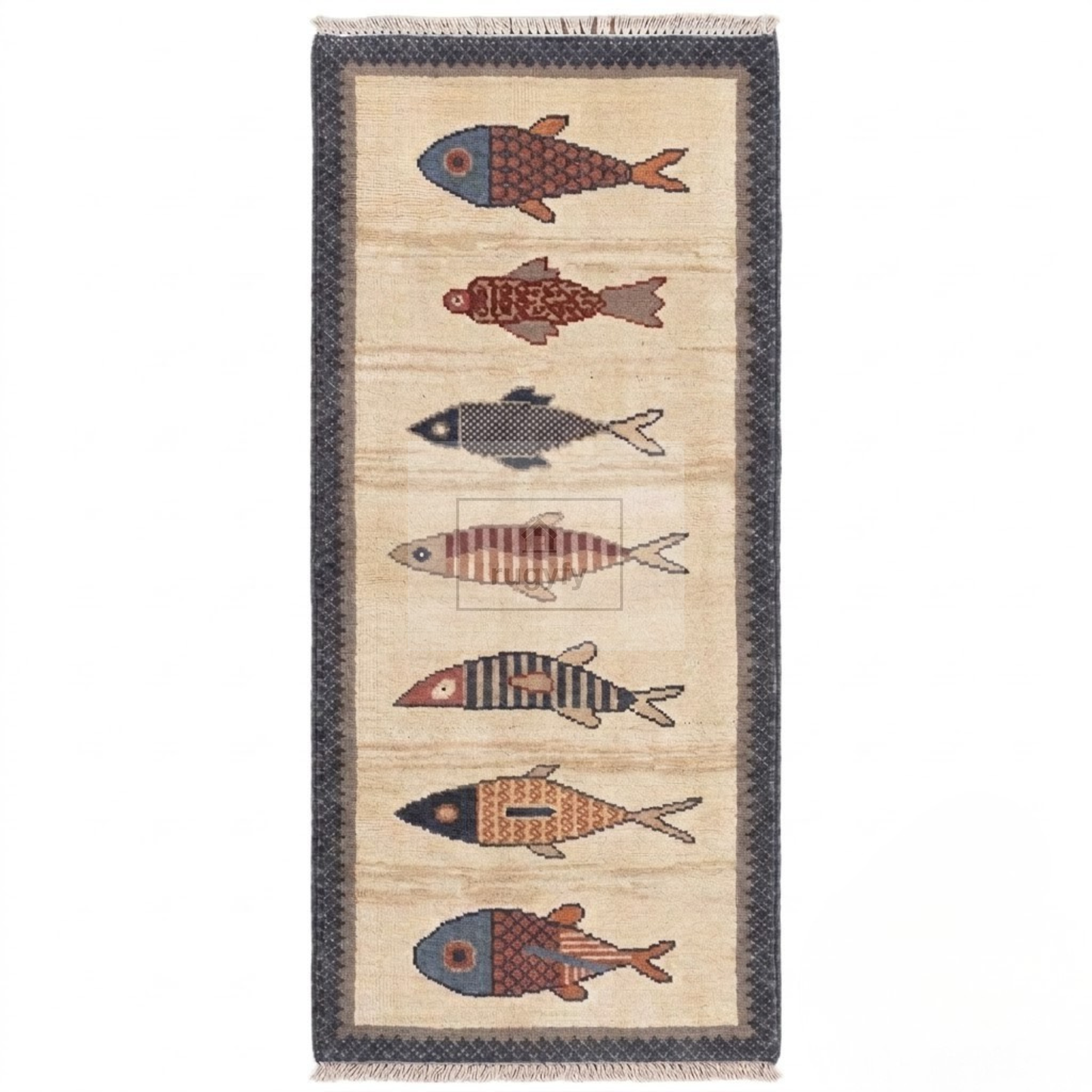 Ivory Fish Motif Hand-Knotted Wool Rug | Quiet Luxury Pictorial Rug for Nursery &amp; Living Room