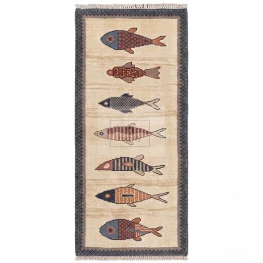 Ivory Fish Motif Hand-Knotted Wool Rug | Quiet Luxury Pictorial Rug for Nursery &amp; Living Room