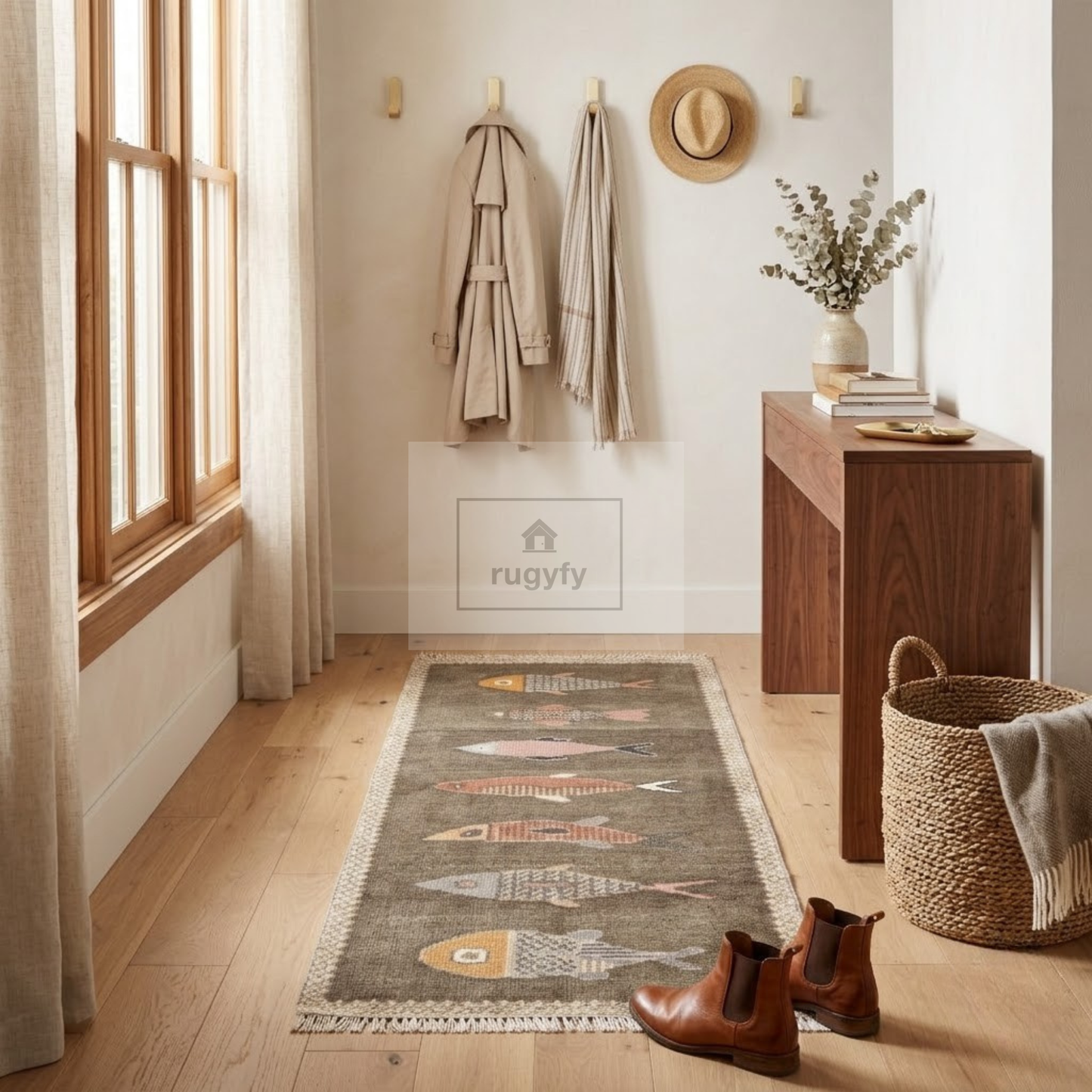 Charcoal Fish Motif Hand-Knotted Wool Rug | Moody Neutral Pictorial Rug for Hallway &amp; Entryway