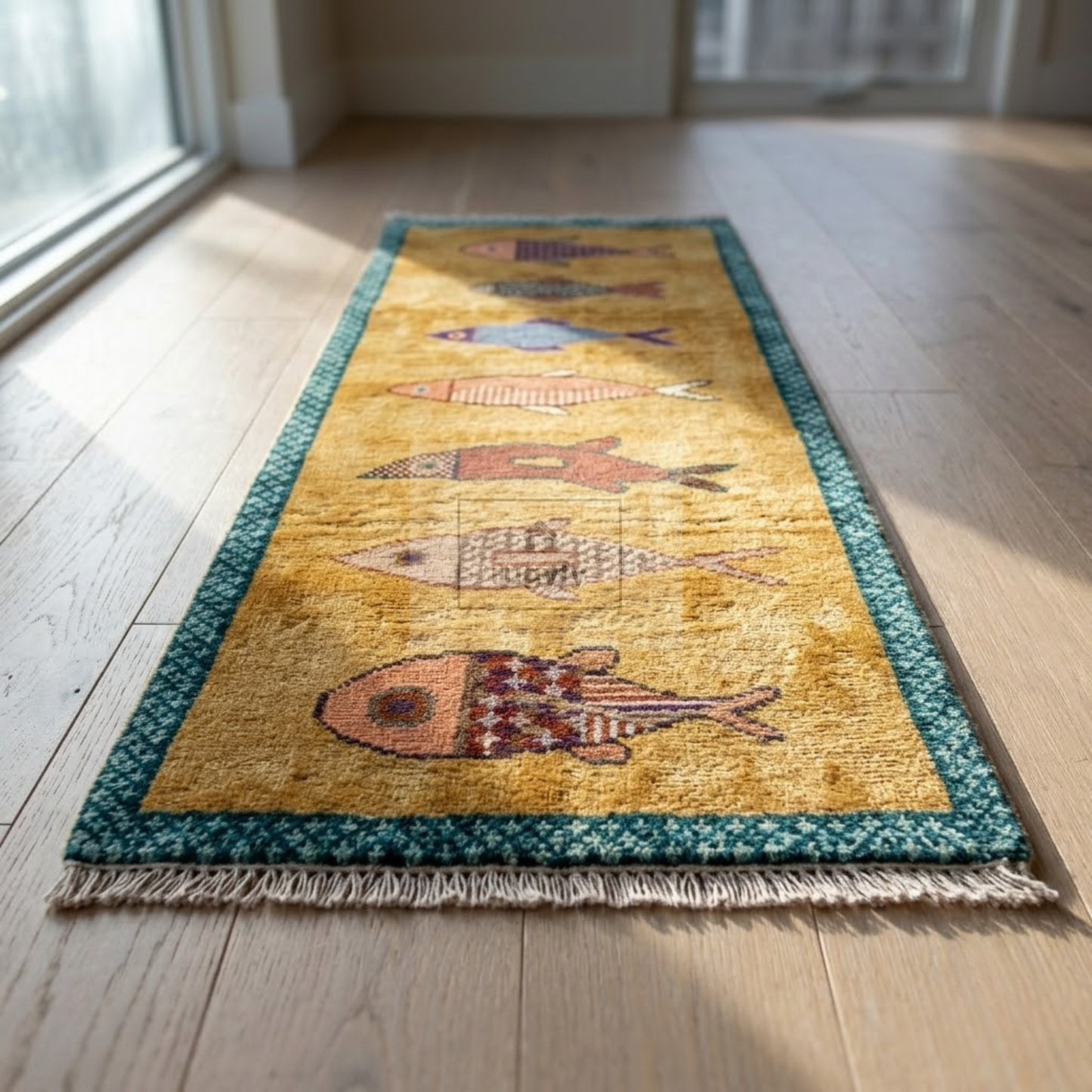 Golden Fish Motif Hand-Knotted Wool Rug | Whimsical Pictorial Folk Art Area Rug for Living Room