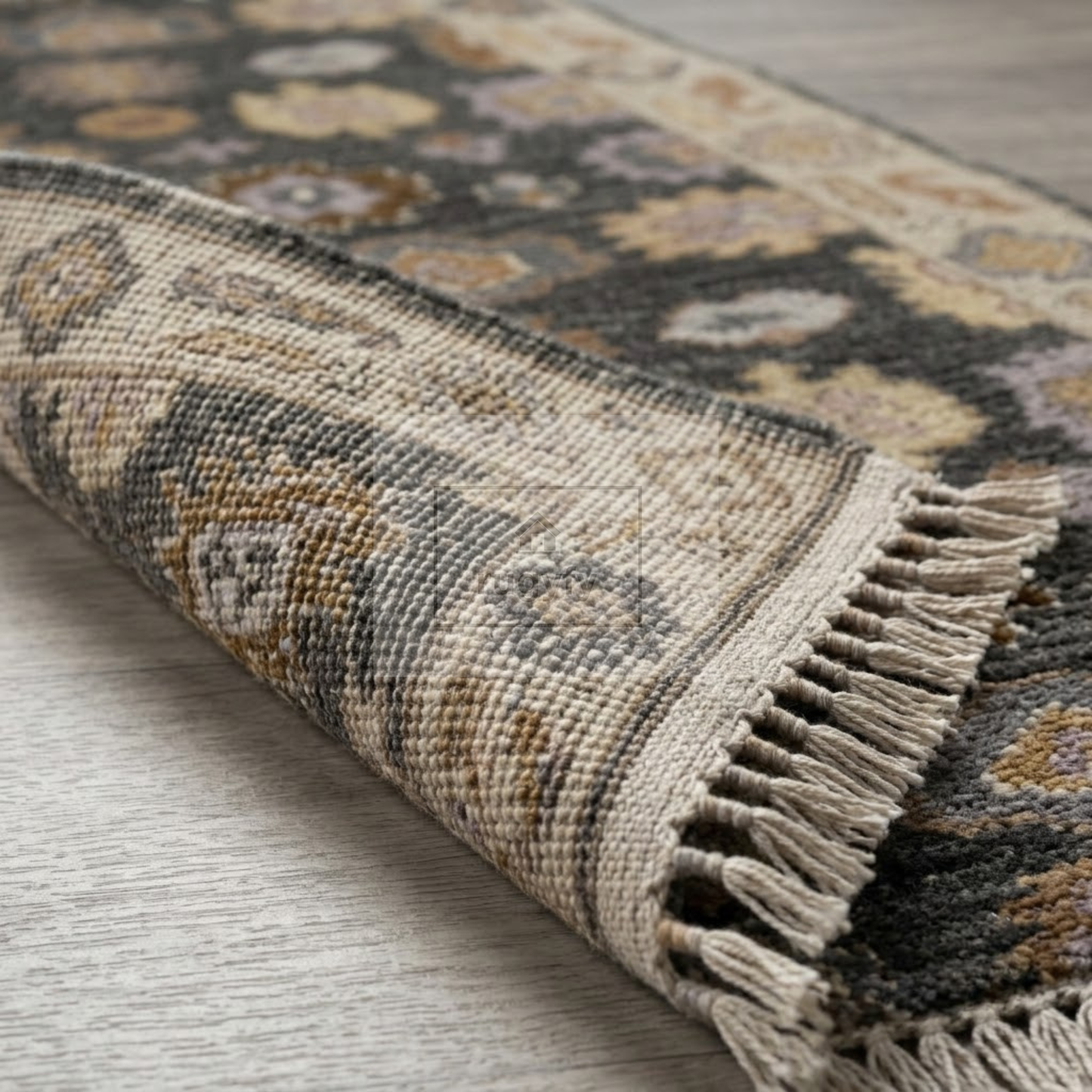 Charcoal & Ivory Oushak Rug | 2.5x12 & 3x14 ft | Hand-Knotted Wool Floral | Living Room & Dining Room
