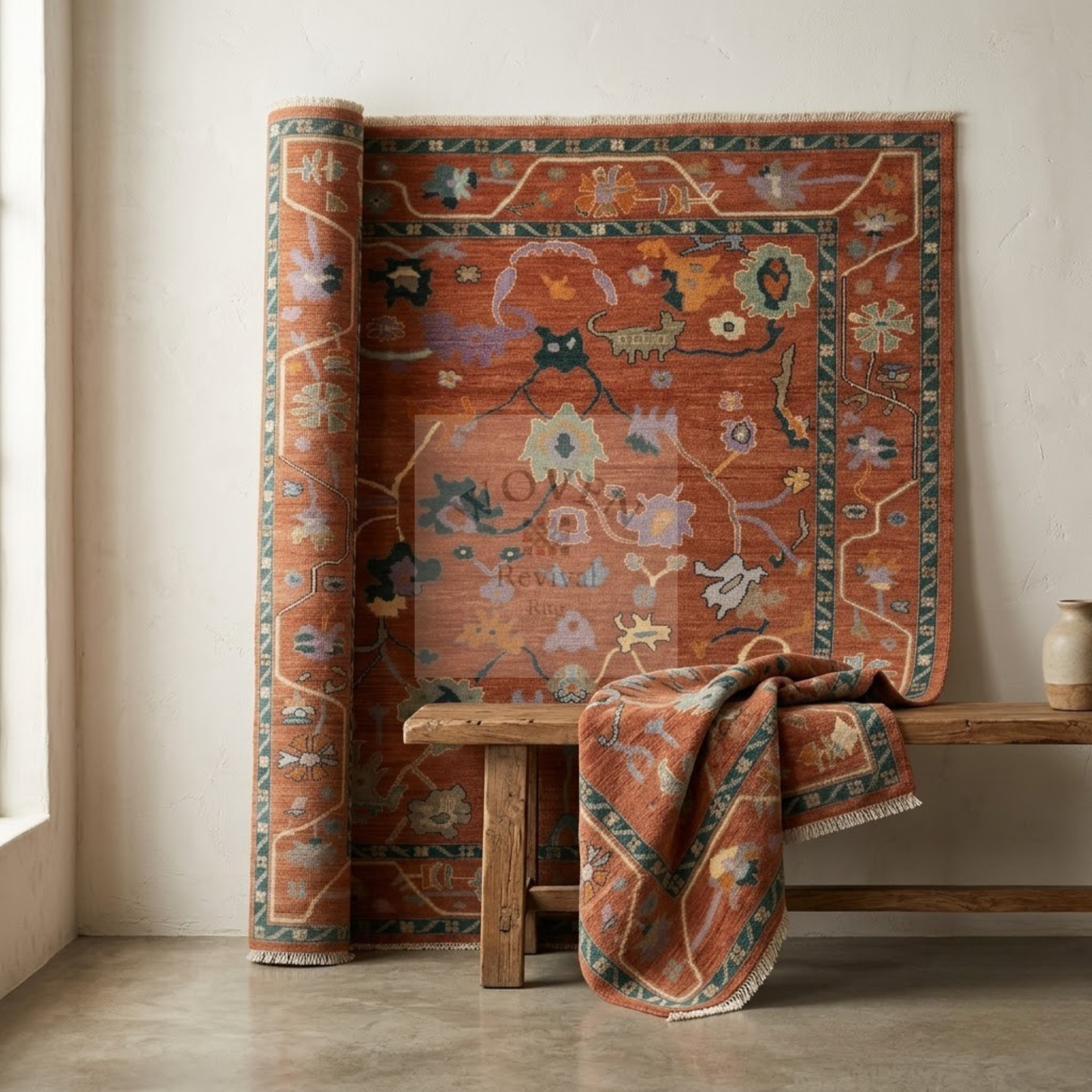 Terracotta Oushak Rug | Hand-Knotted Wool Area Rug with Folk Animal Motifs in Rust, Pine Teal & Lavender