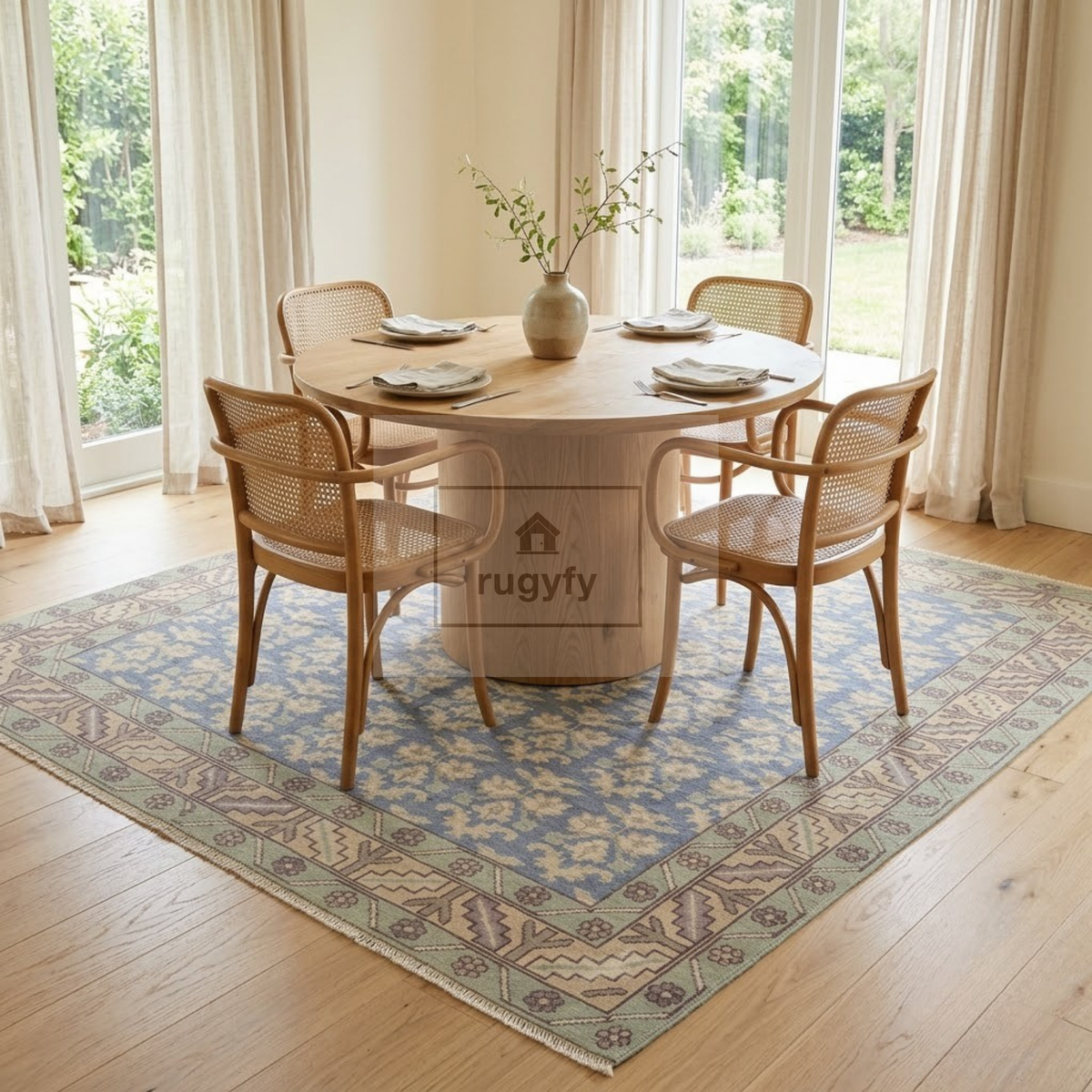 Dusty Blue & Ivory Oushak Area Rug | 8x10 9x12 ft Hand-Knotted New Zealand Wool | Periwinkle Floral Turkish Living Room Rug
