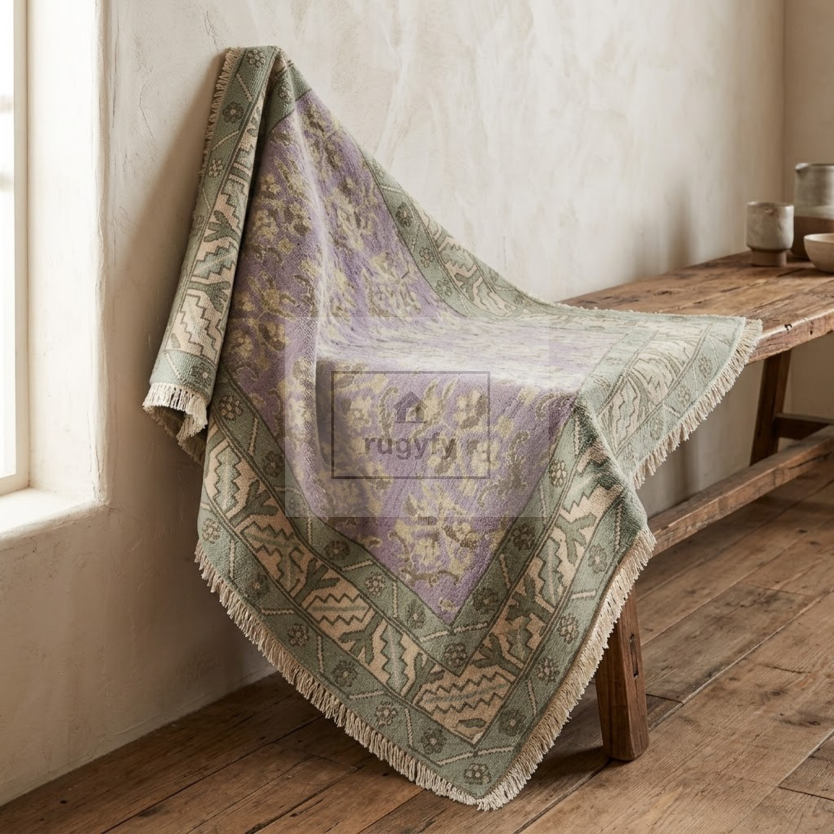 Lavender & Sage Oushak Area Rug | 8x10 9x12 ft Hand-Knotted New Zealand Wool | Lilac Floral Turkish Rug