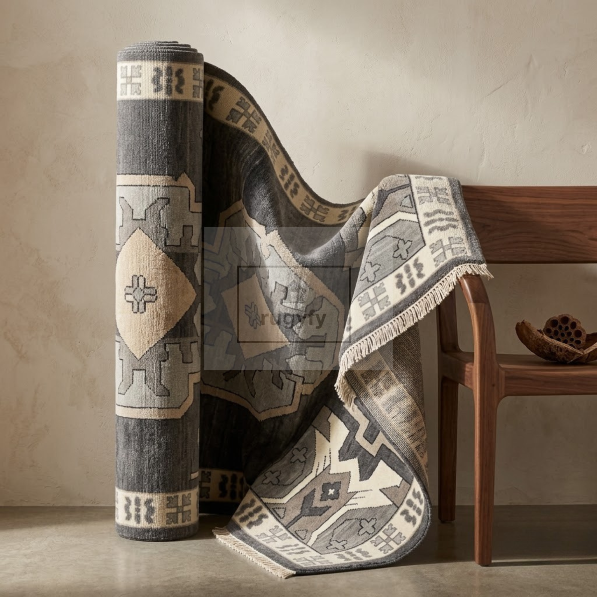 Charcoal & Ivory Oushak Wool Rug | 6x9 8x10 ft Hand-Knotted | Bedroom Living Room Area Rug