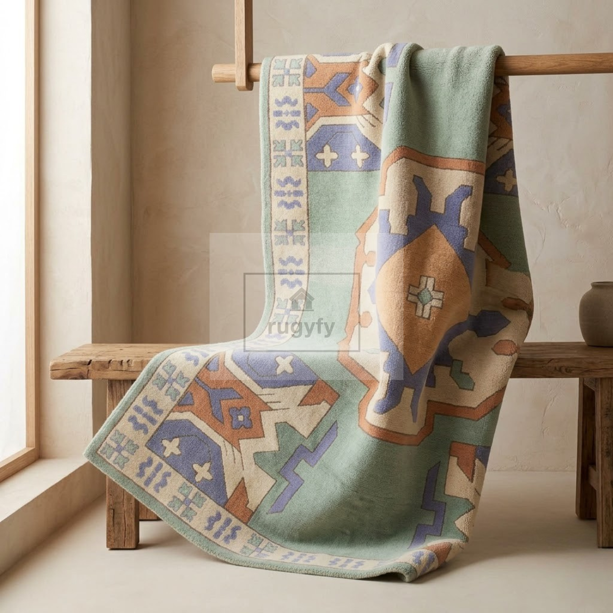 Sage Green & Blue Turkish Oushak Rug | 5x8 8x10 ft Hand-Knotted Wool | Living Room Bedroom Rug