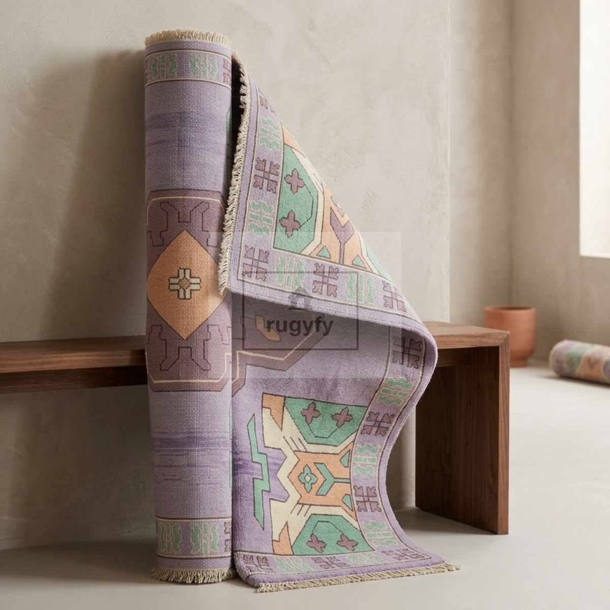 Lavender & Mint Kazak Rug | Hand-Knotted Geometric Medallion Wool Rug | Bedroom & Nursery 8x10