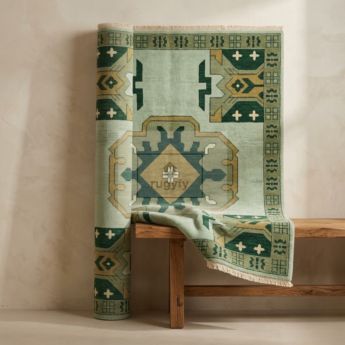 Mint & Forest Green Kazak Rug | Hand-Knotted Geometric Medallion Wool Rug | Farmhouse Dining Room 9x12