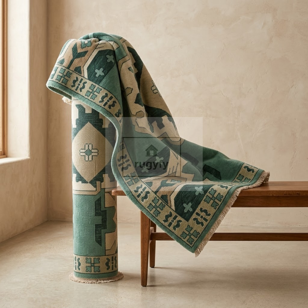 Jade Green & Cream Kazak Rug | Hand-Knotted Tribal Medallion Wool Area Rug | Living Room Entryway 8x10