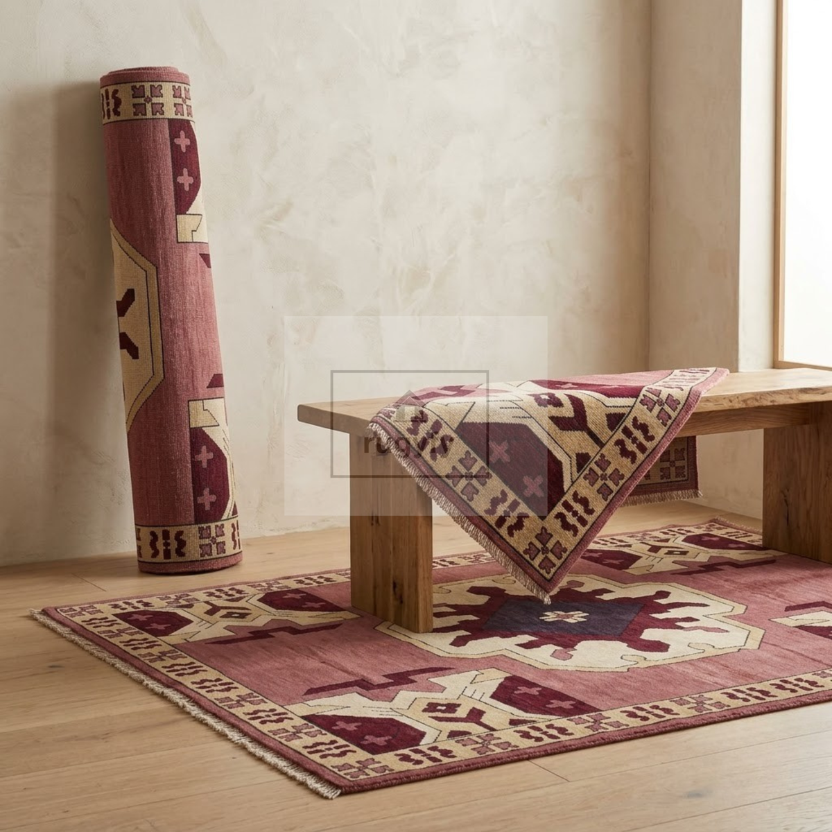 Burgundy & Gold Kazak Rug | Hand-Knotted Caucasian Tribal Geometric Wool Rug | Library Den Living Room 9x12